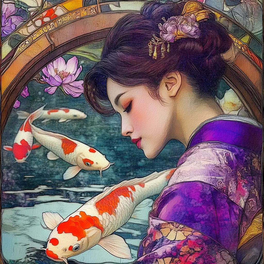 Serene Japanese Woman On Garden Bridge With Koi Pond
