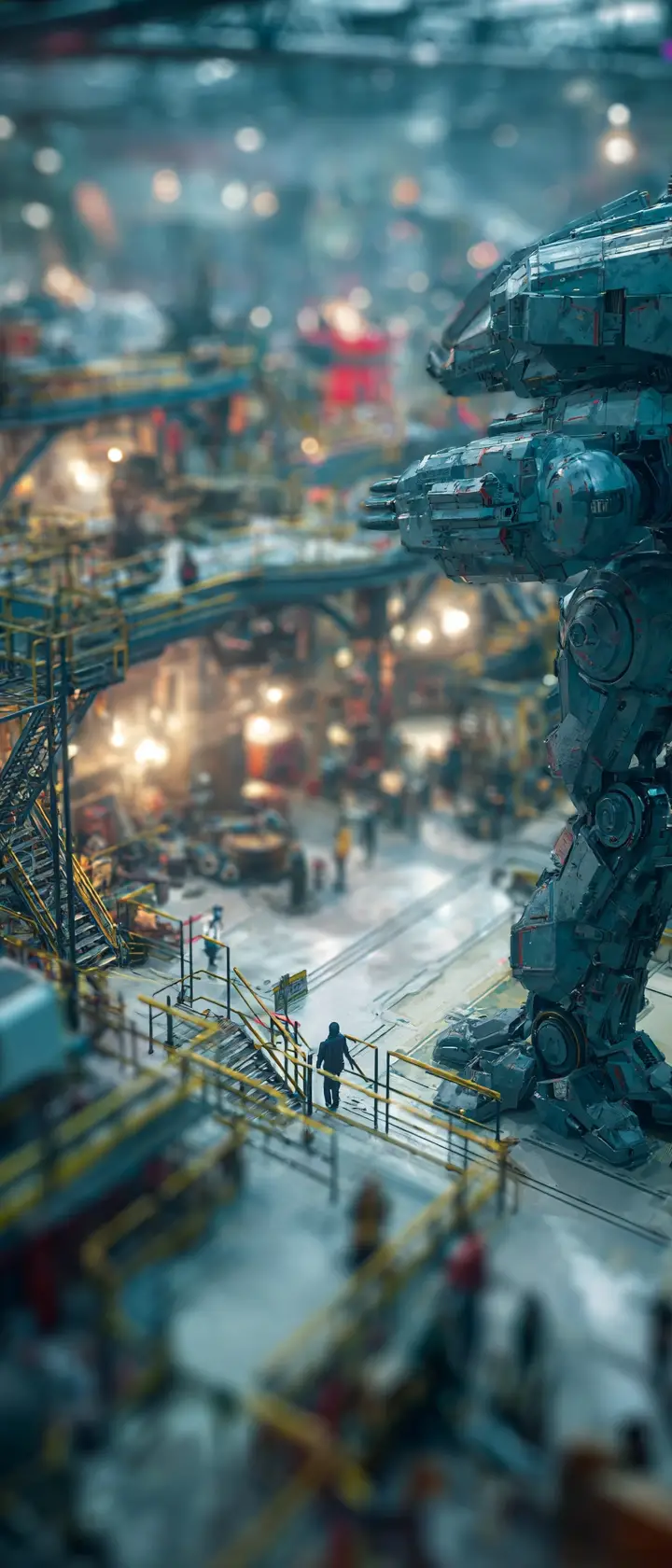 Tilt shift anime view of giant mecha hangar maintenance
