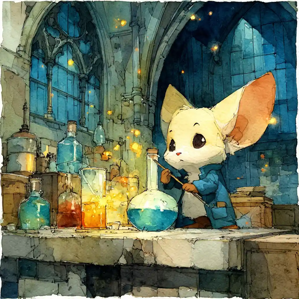Fennec fox alchemist working in a mystical laboratory