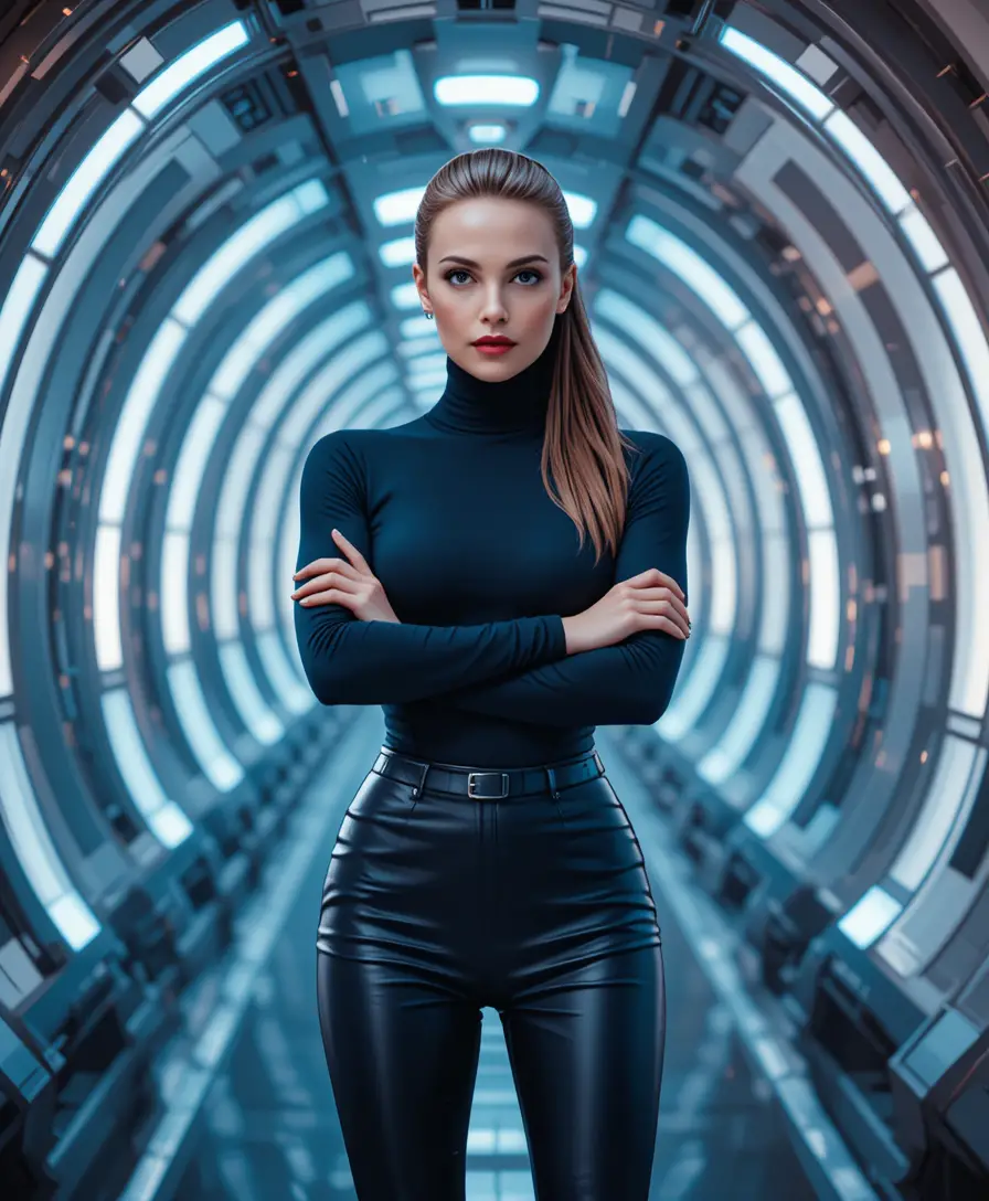 Selbstbewusste Sci-Fi-Frau in schlankem futuristischem Korridor