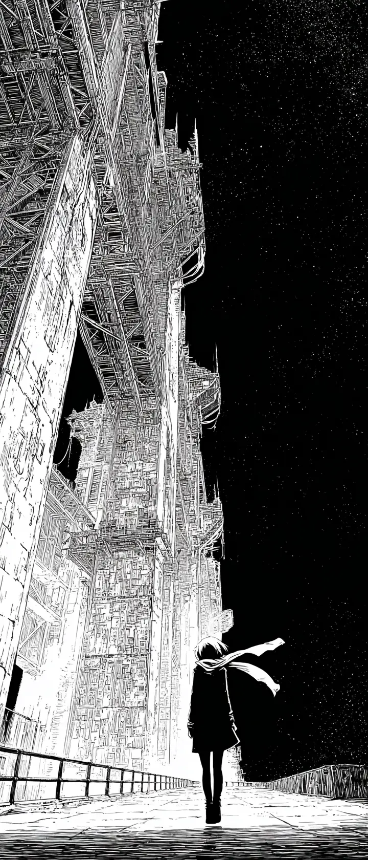 Lone wanderer beneath colossal skeletal dystopian structure