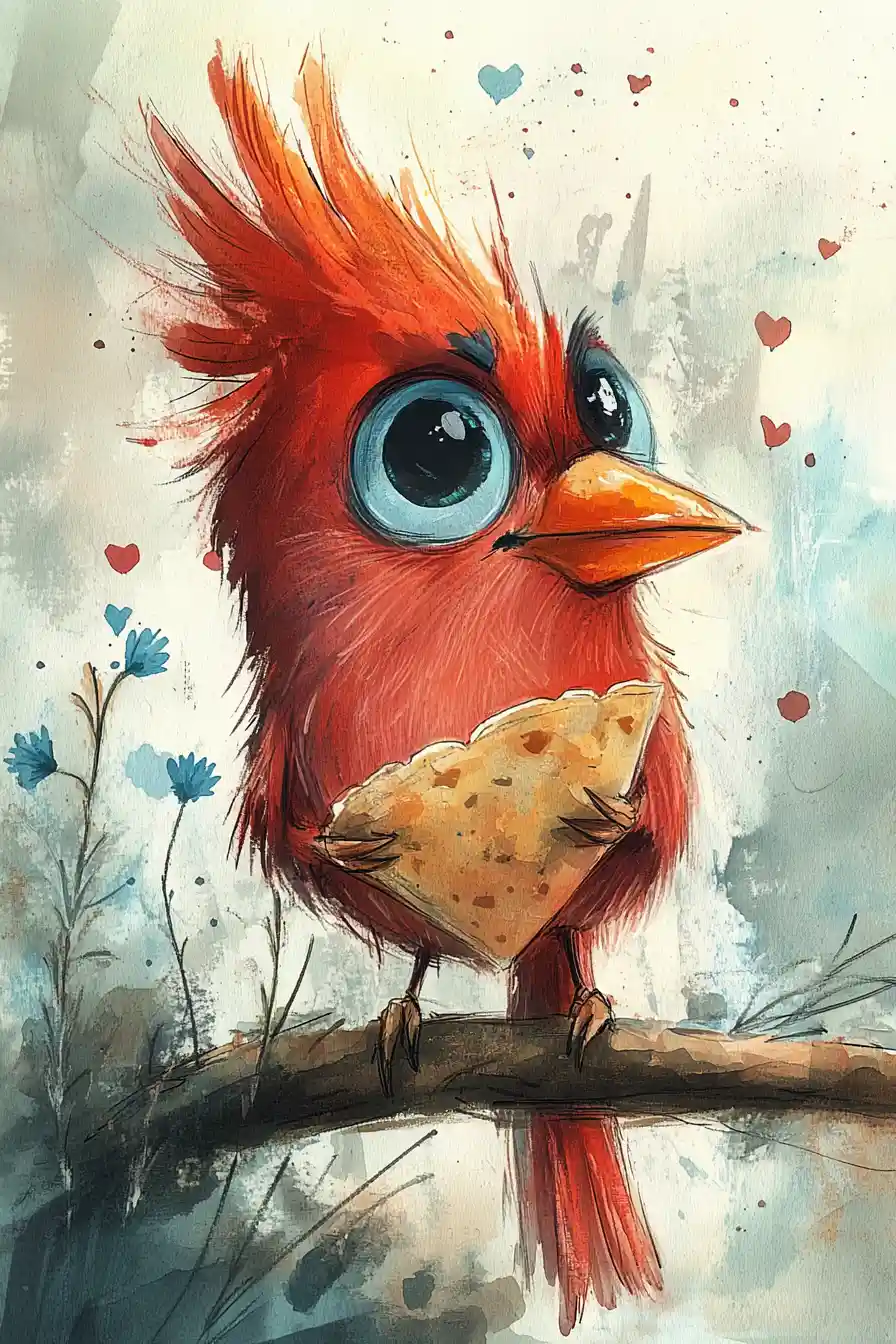 Whimsical red bird eating a giant taco on branch