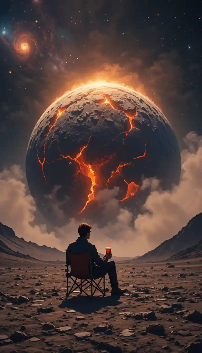 Silhouette Relaxing On The Moon Facing Volcanic Earth