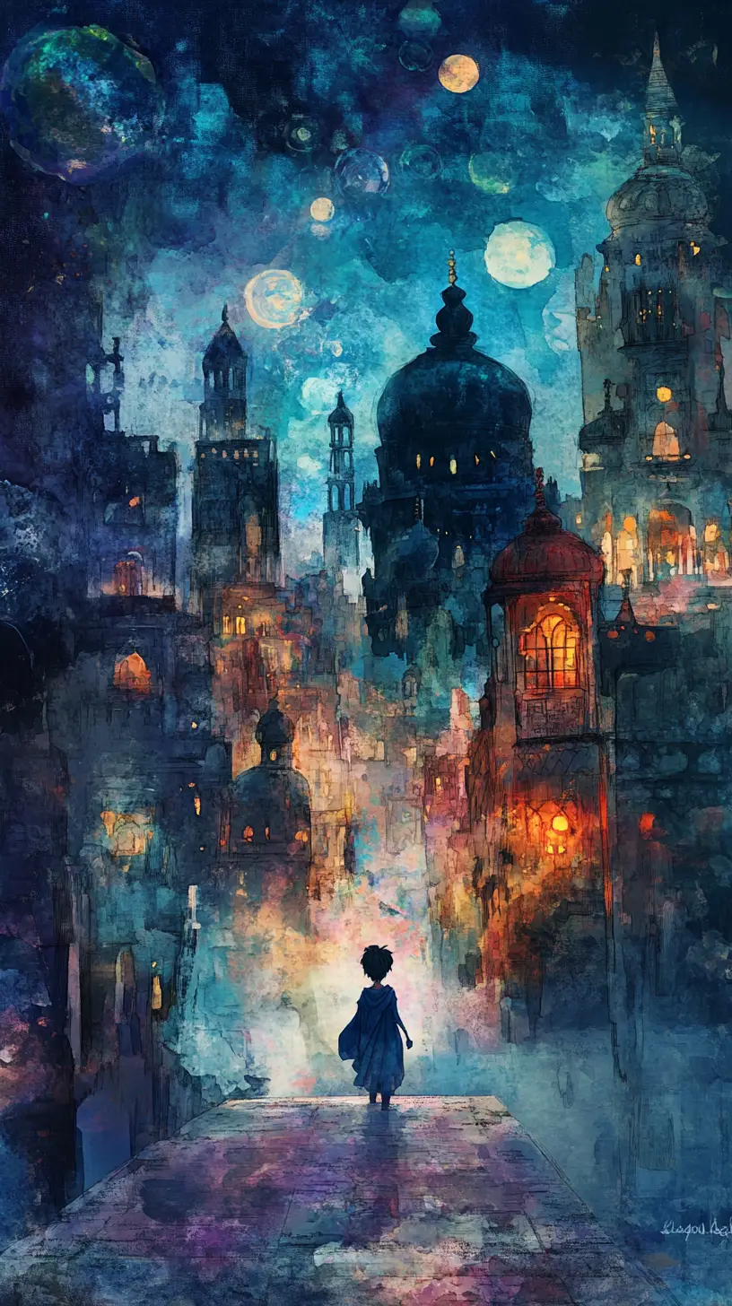 Young boy exploring a magical fantasy realm with friends
