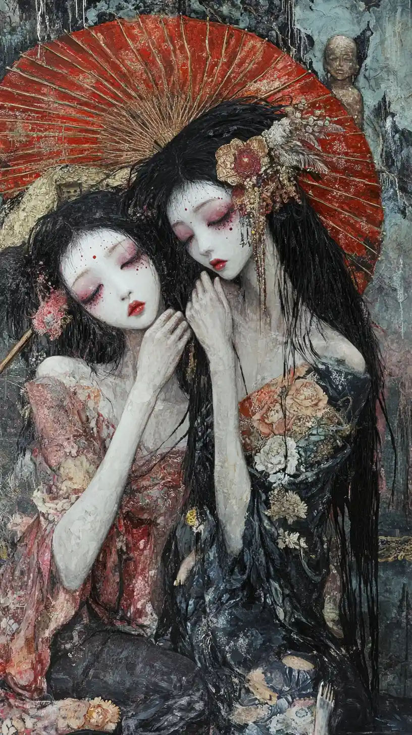 Ghostly Japanese women in kimonos in a haunted temple