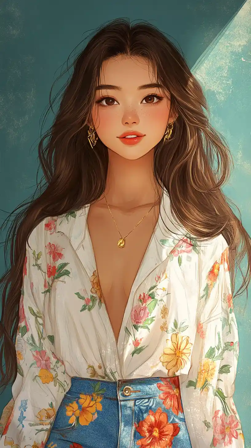 Smiling anime girl in floral outfit against teal wall