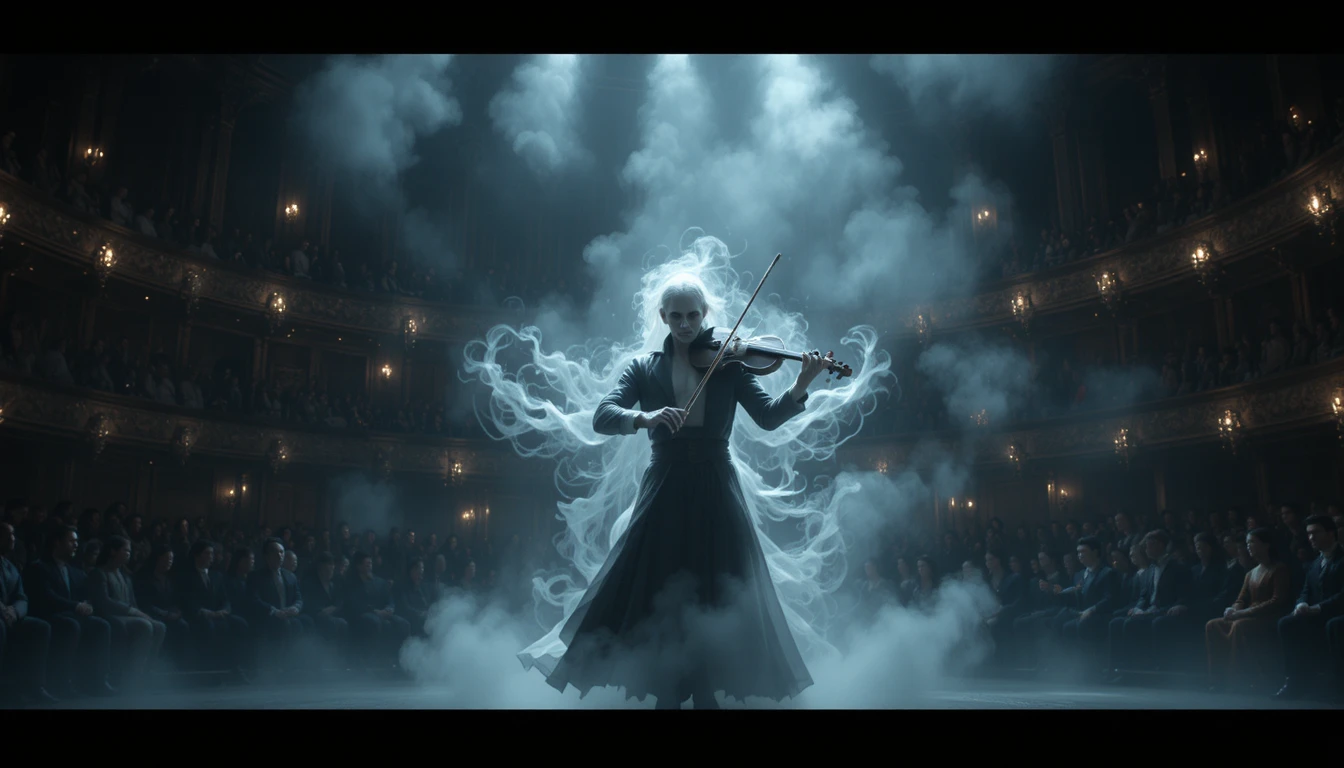Ghostly violinist on a dark nineteenth century theater stage