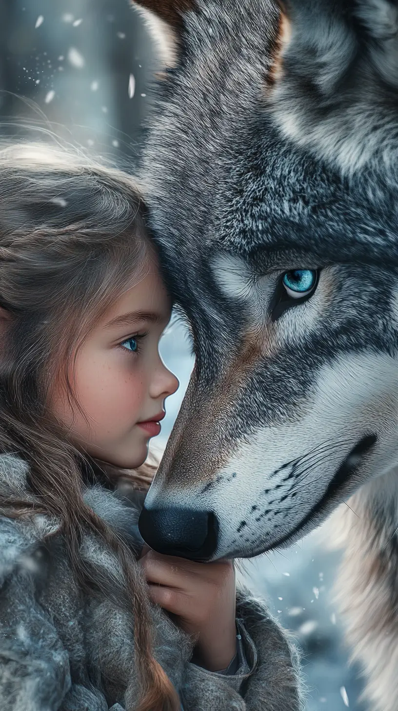 Girl With Grey Wolf In Snowy Forest Portrait