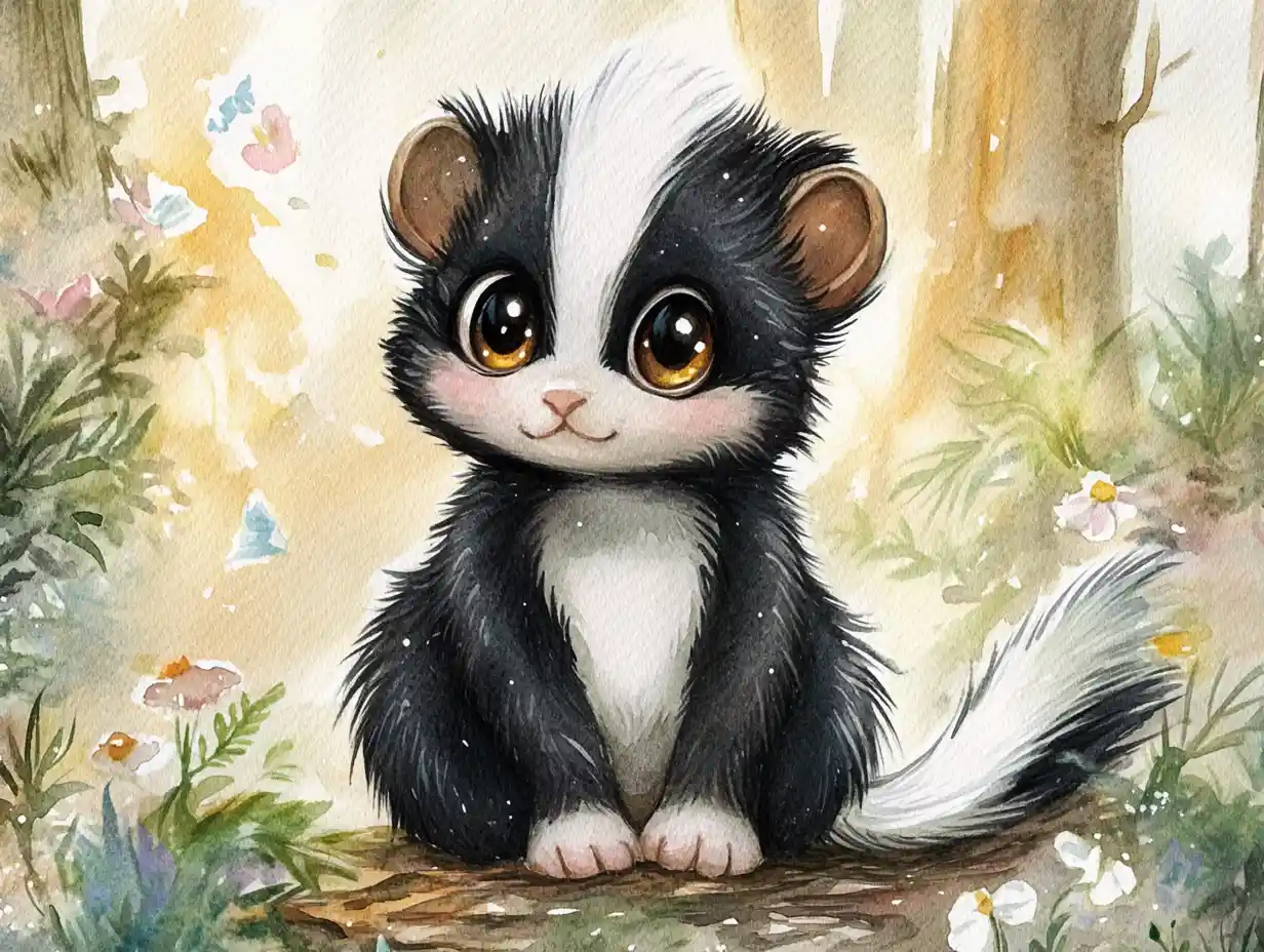 Watercolor Baby Skunk In Sunlit Forest Illustration