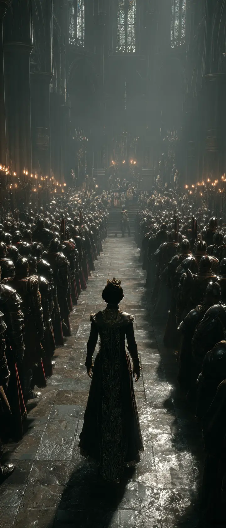 Young princess walking toward coronation in dark cathedral