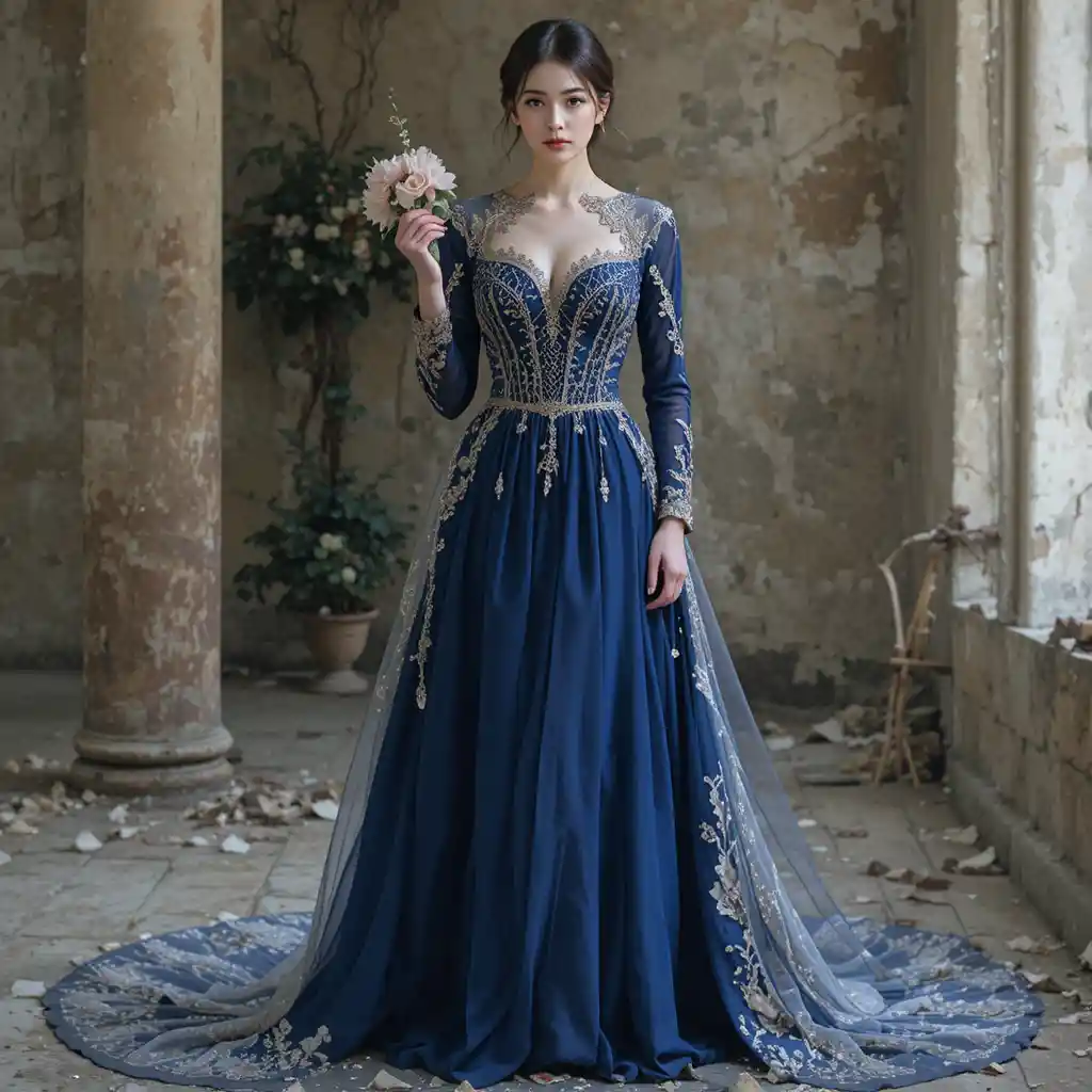 Vestido de graduación azul marino hasta el tobillo con detalles beige