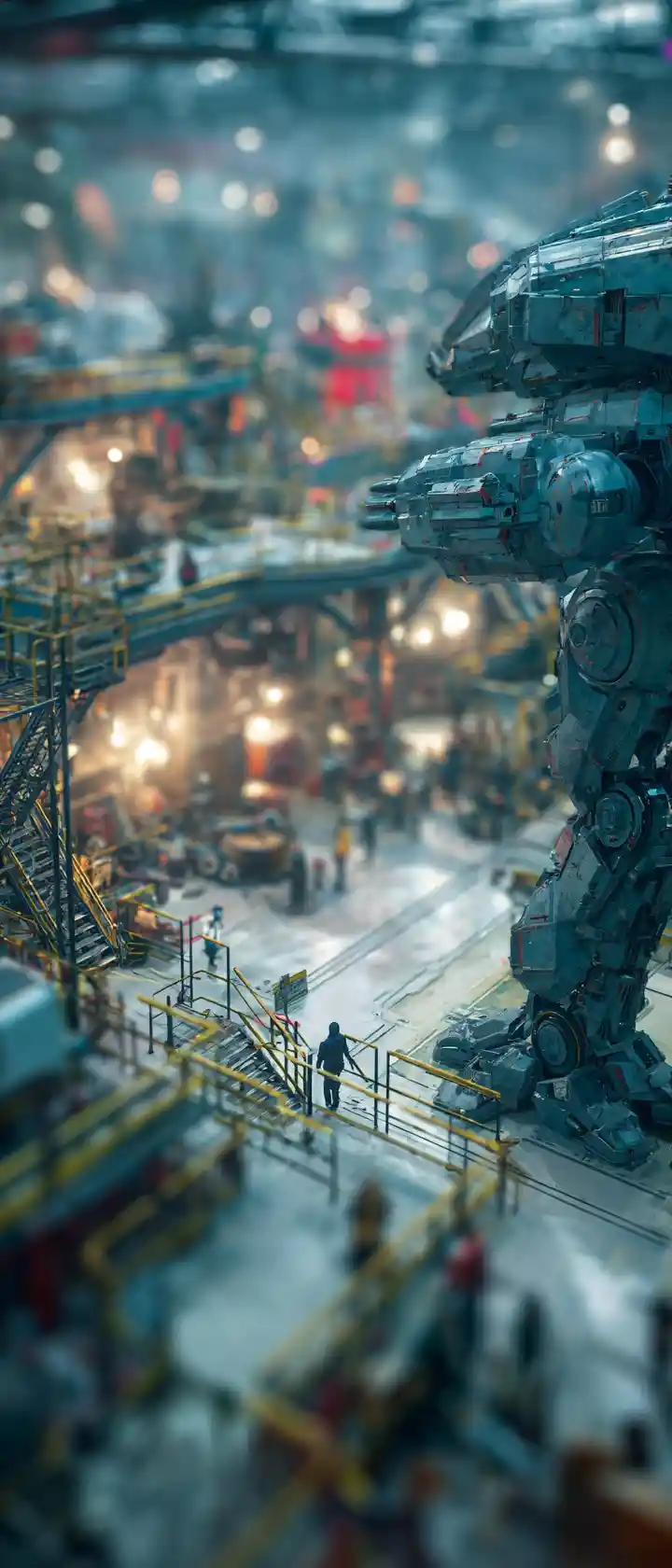 Tilt shift anime view of giant mecha hangar maintenance