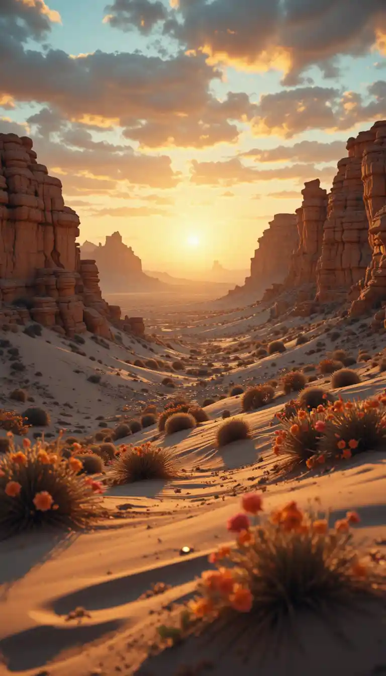 Golden desert rock formations and flowers at sunset