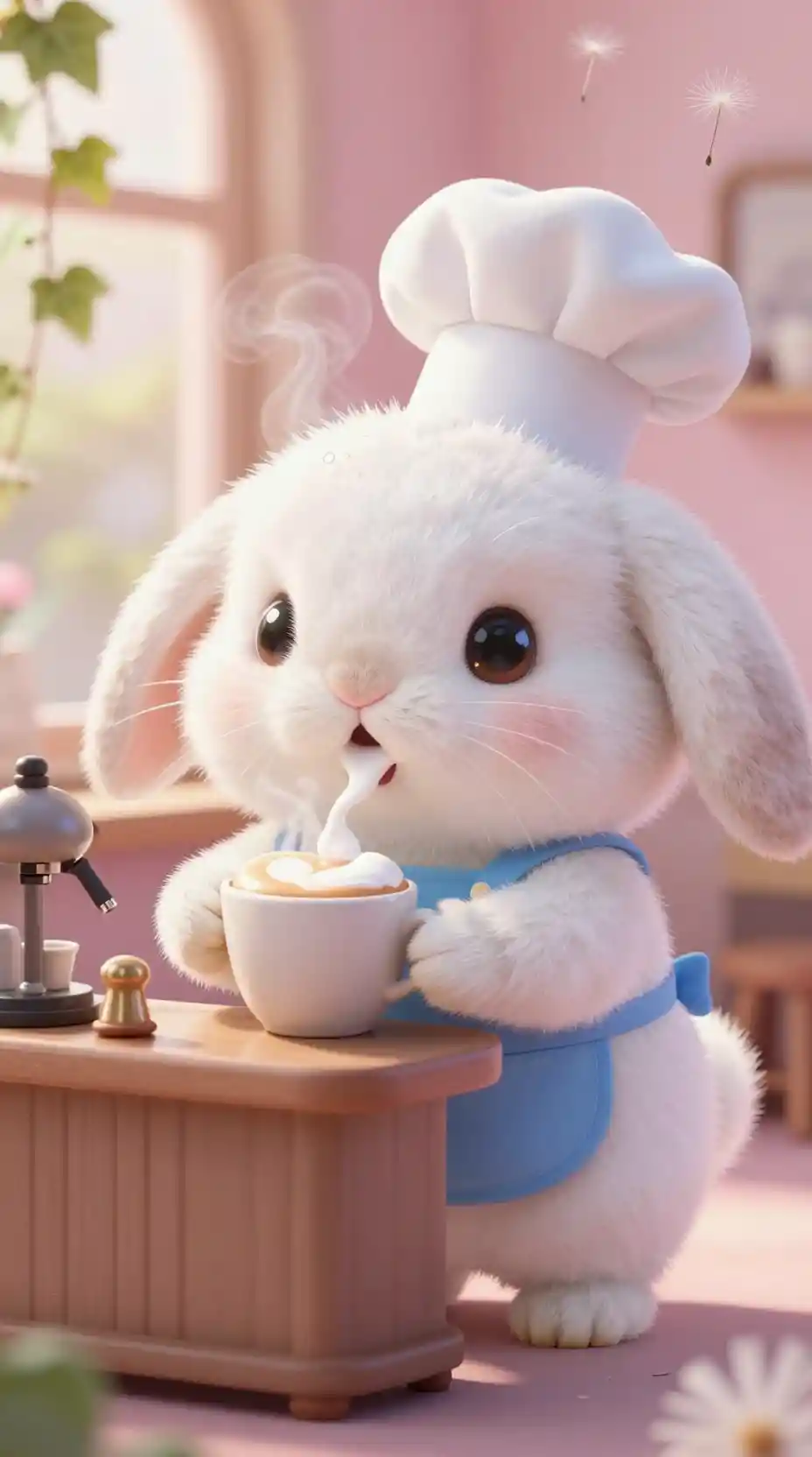 Flauschiger weißer Kaninchen-Barista mit Latte-Macchiato-Schaum-Panne