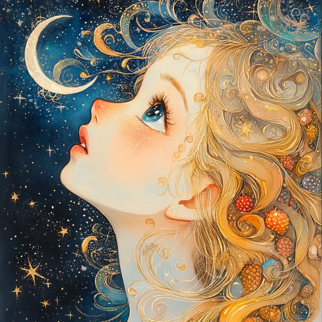 Young girl gazing at the moonlit night sky