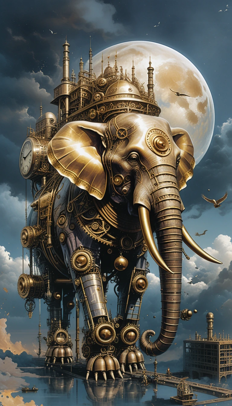 Gigantesco elefante mecánico steampunk bajo la luna del crepúsculo