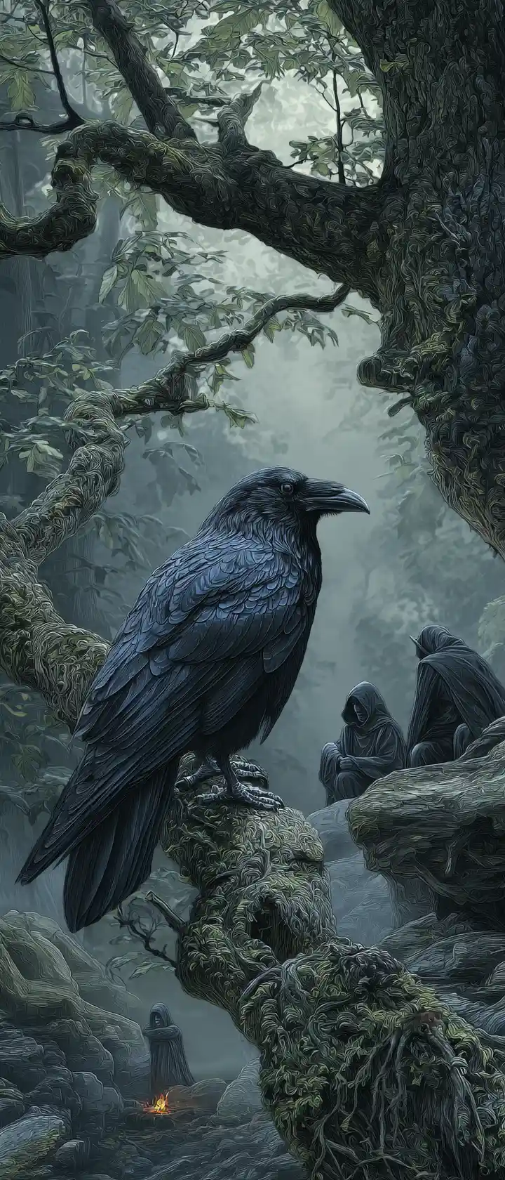 Cuervo negro sobre un árbol ancestral en un bosque oscuro