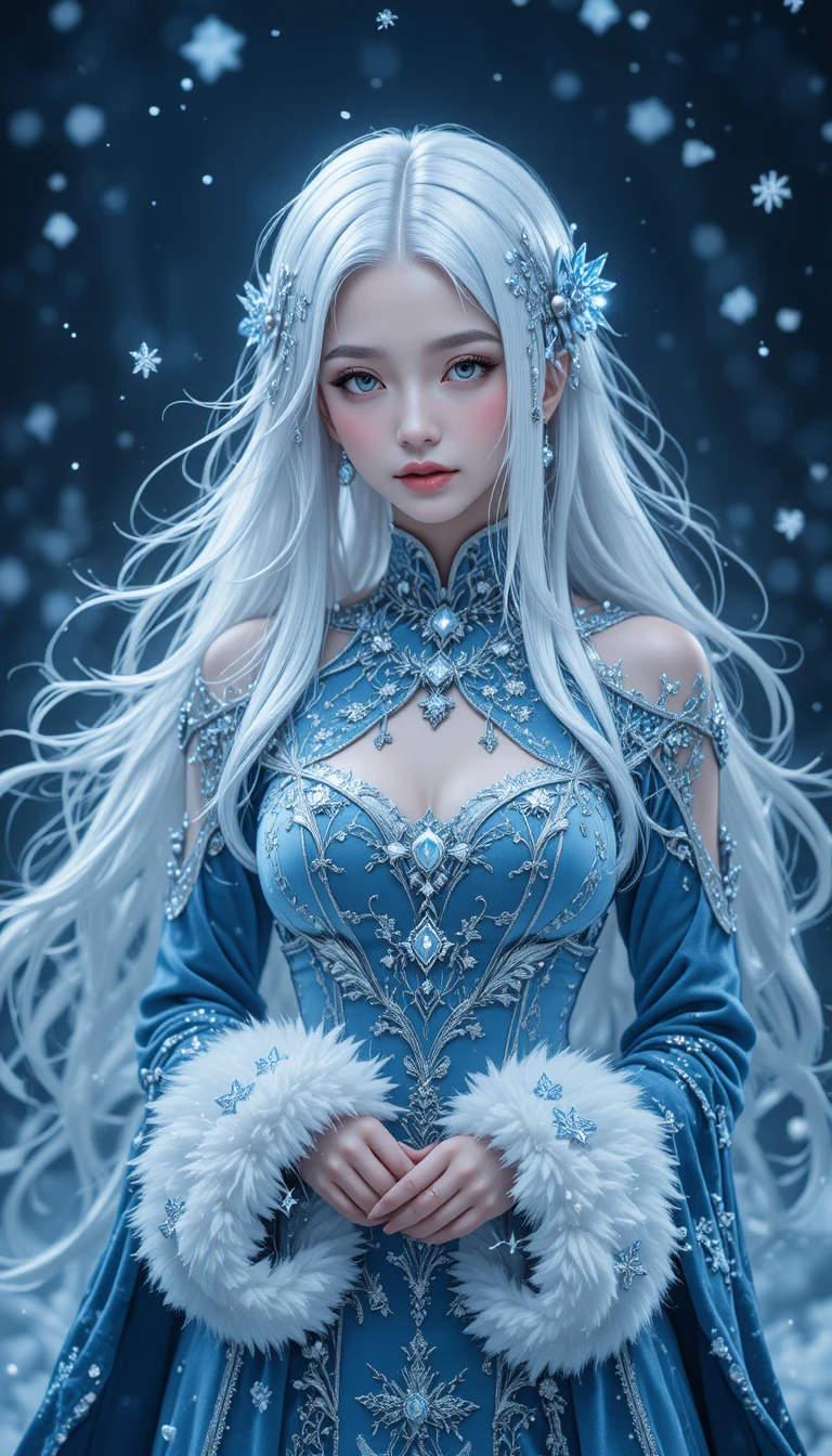 Elegante strega invernale tra neve vorticosa e cappotto blu ghiaccio
