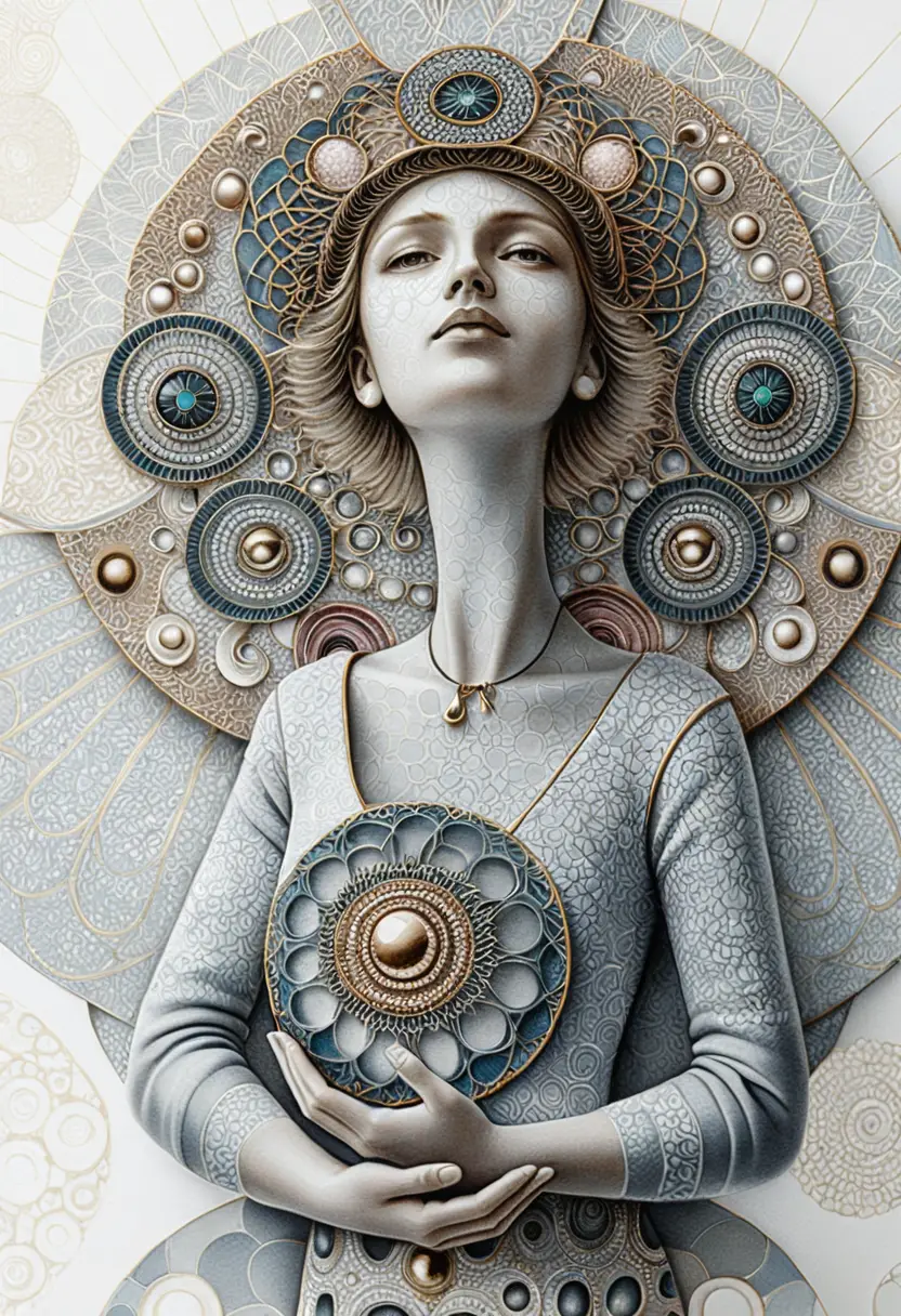 Figura femminile serena in un ornato rilievo sacro a mandala
