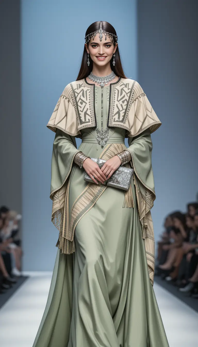 Runway model in layered Moroccan inspired sage green ensemble