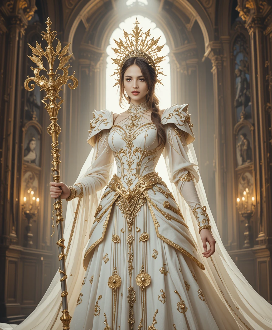 Divine warrior woman in radiant cathedral armor portrait