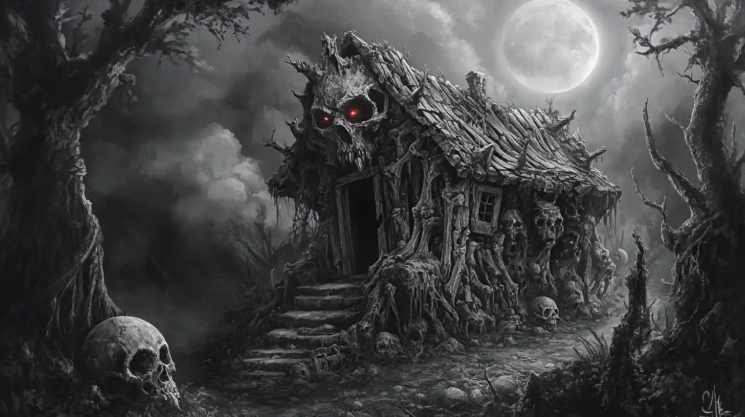 Bone shack under full moon in a dark forest