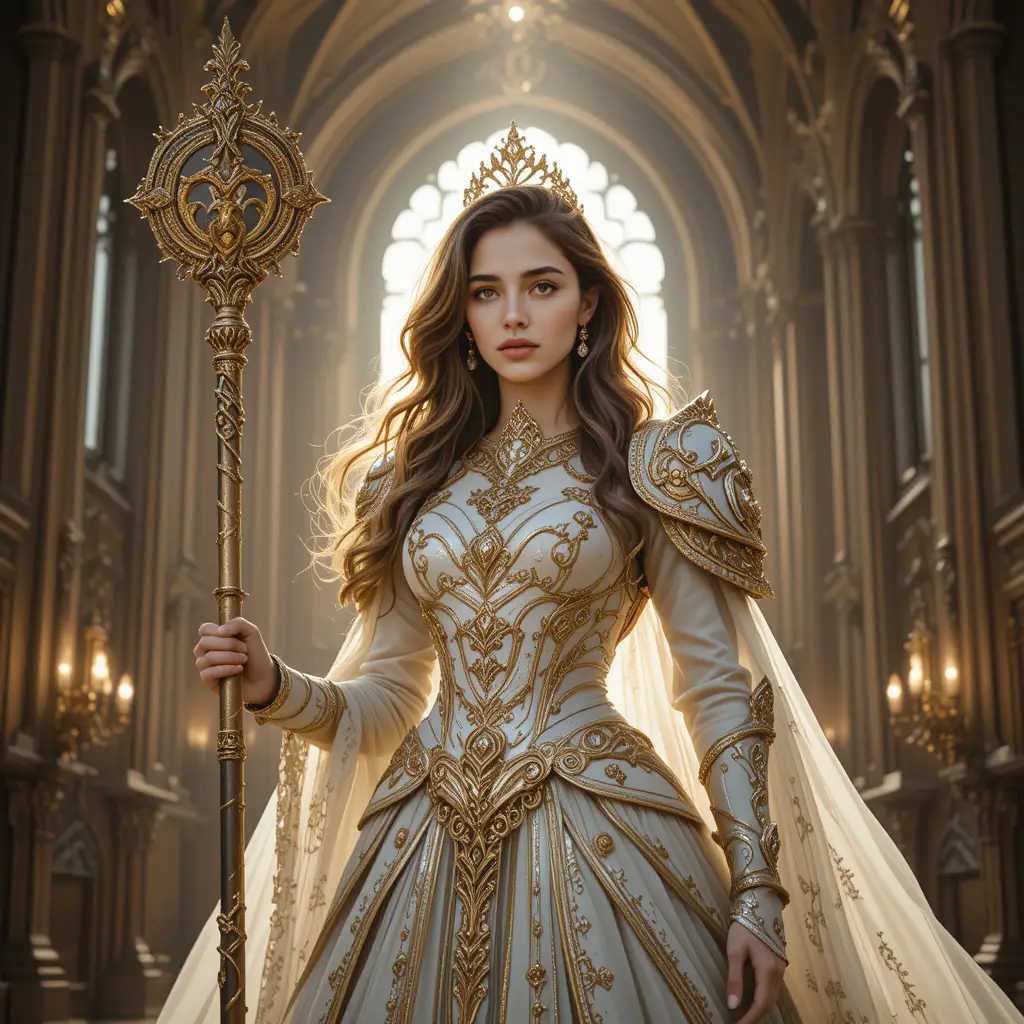 Divine warrior woman in golden armor within a grand cathedral