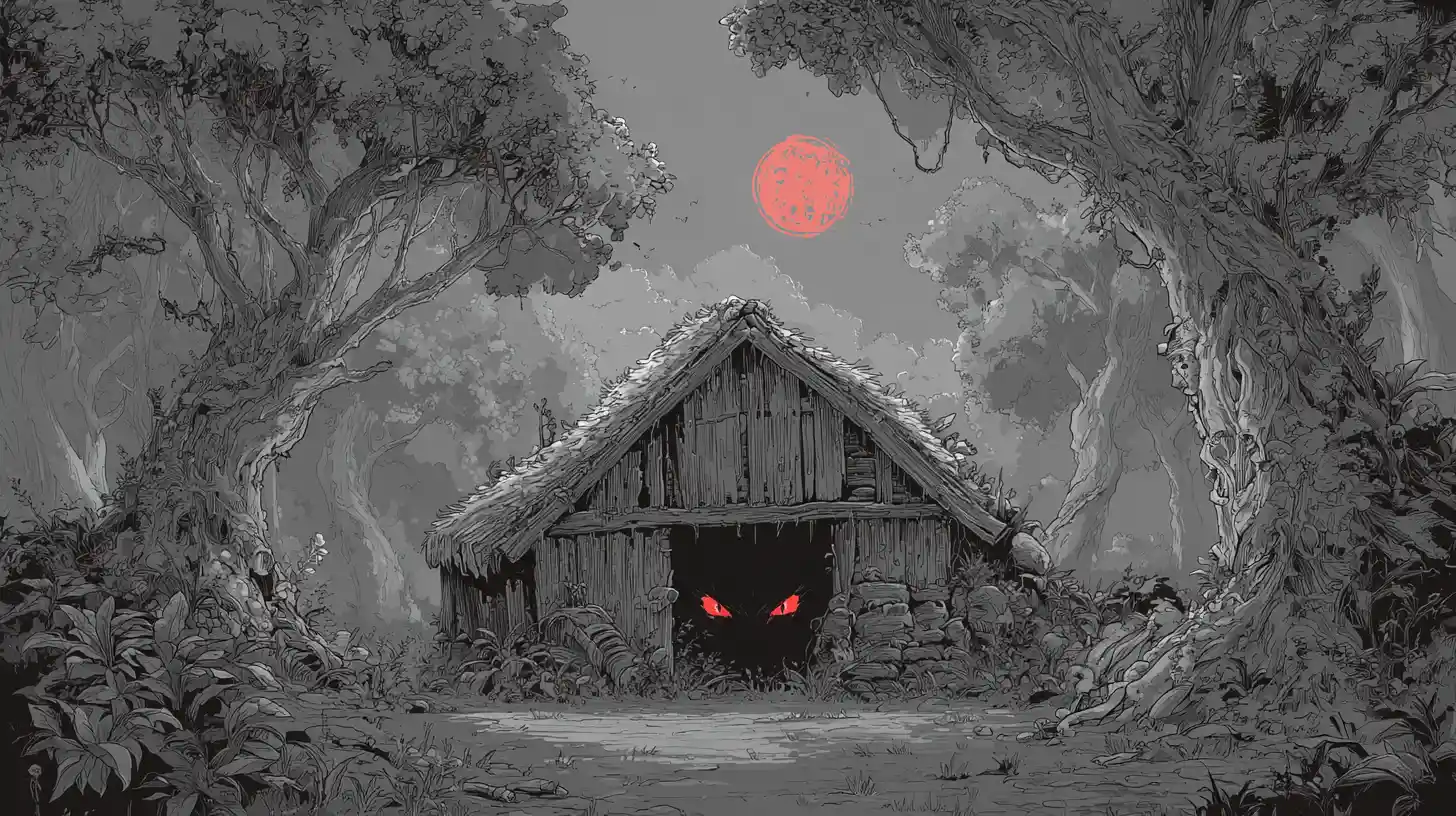 Bone shack under full moon in a dark forest