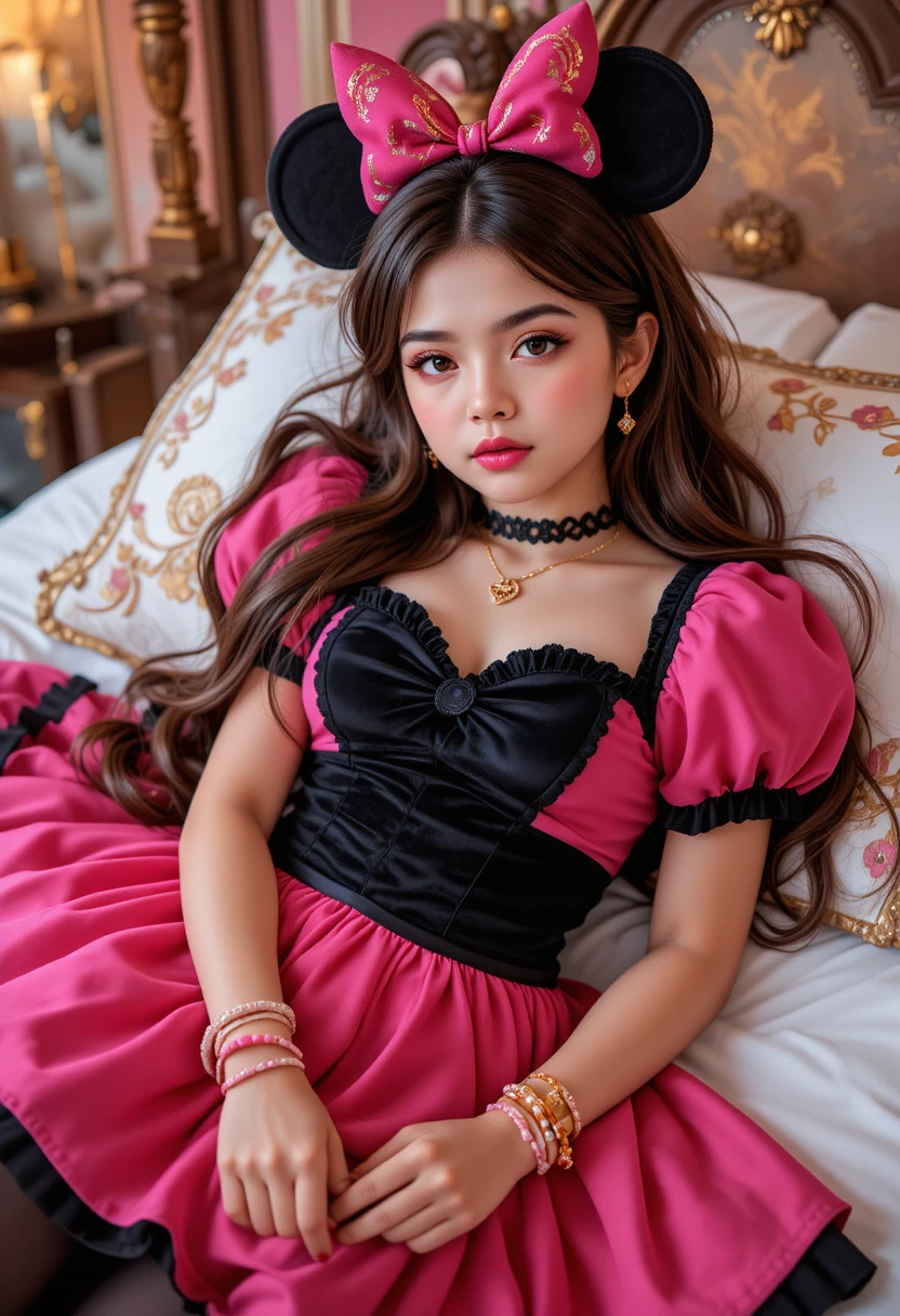 Niño con disfraz de Minnie Mouse en cama con dosel de hotel