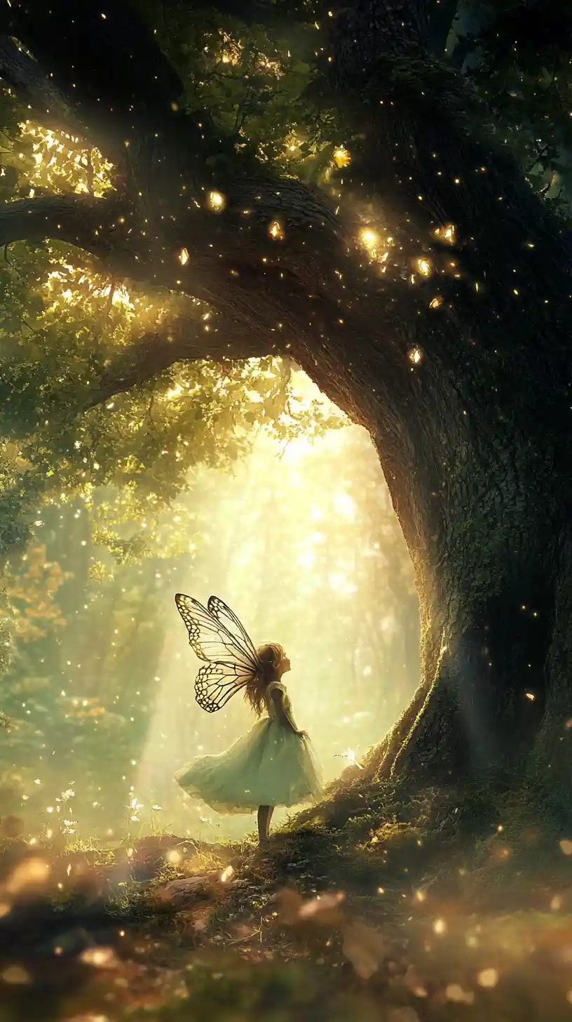 Tiny forest fairy beside an ancient tree spirit
