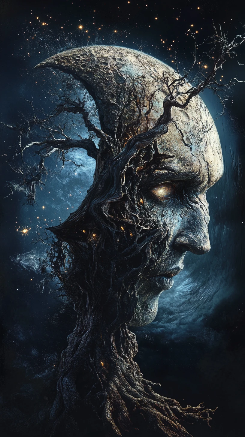 Árbol de la vida con luna creciente bajo un cielo nocturno fracturado