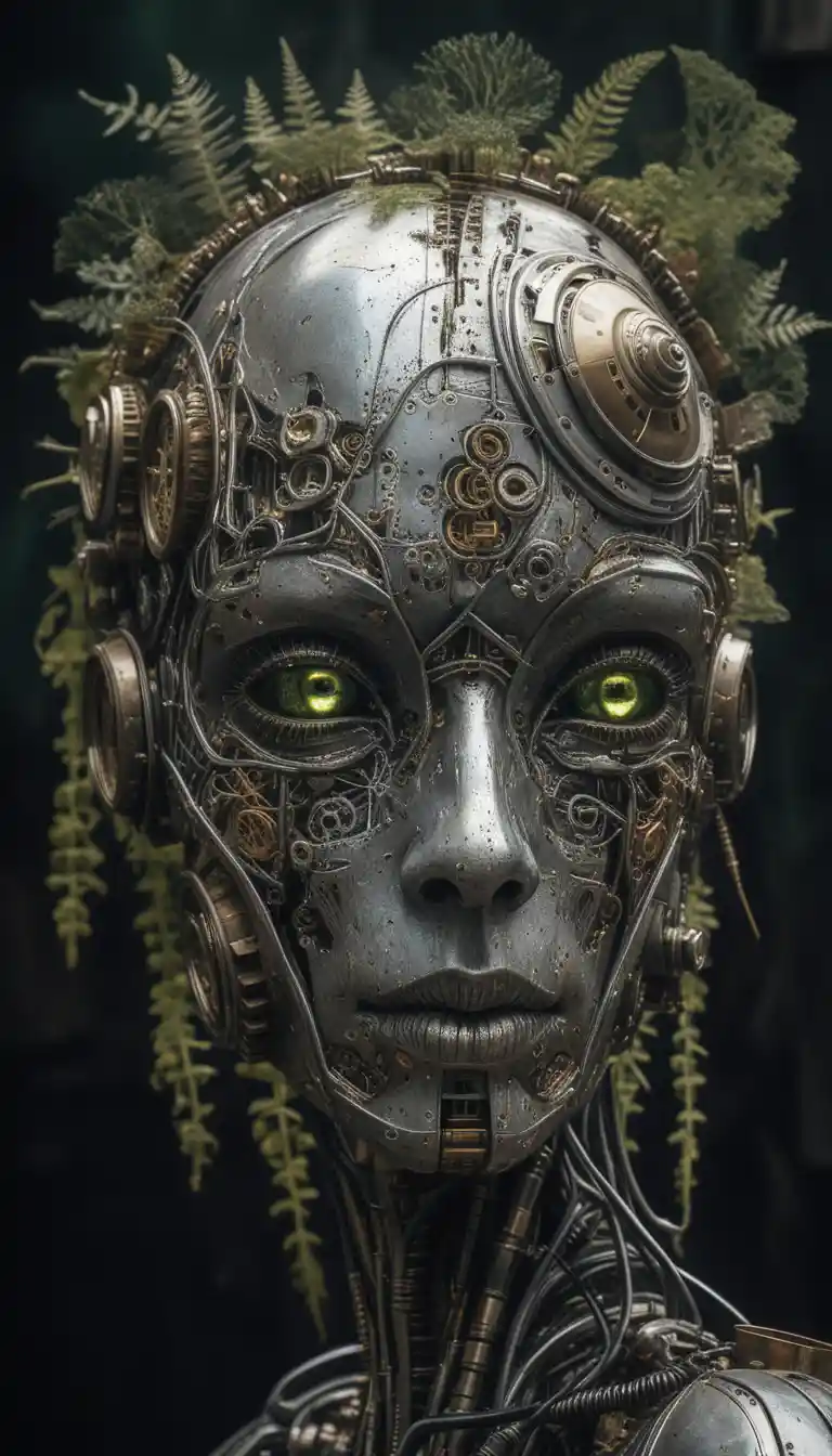 Surreal biomechanical android head merging nature and machinery