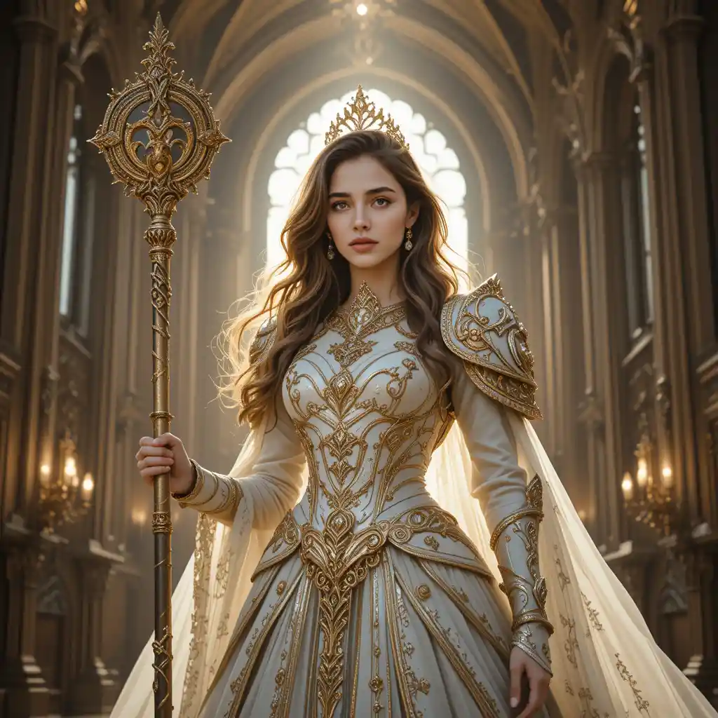 Divine warrior woman in golden armor within a grand cathedral