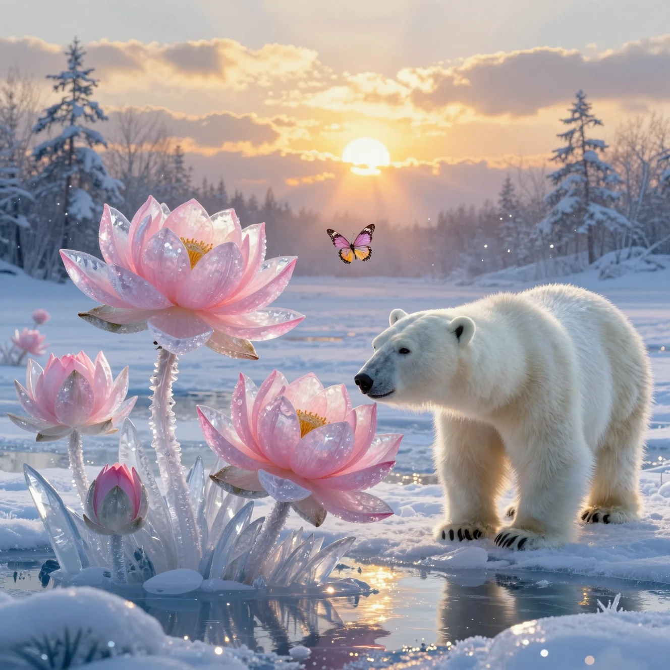 Oso polar entre flores de loto de hielo al atardecer invernal