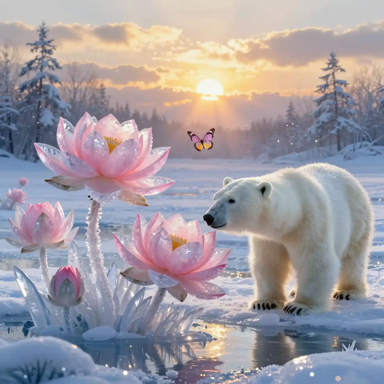 Ours polaire parmi des fleurs de lotus de glace au coucher de soleil hivernal