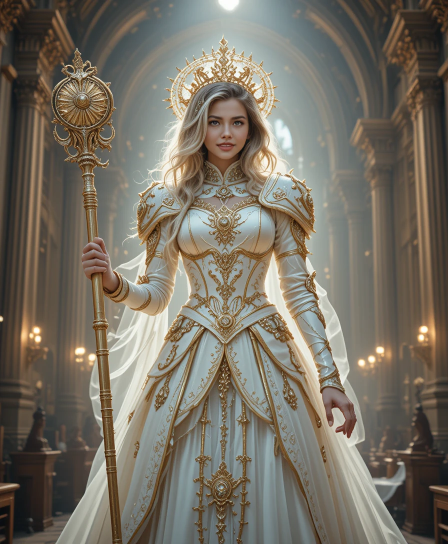 Divine warrior woman in white and gold armor in cathedral