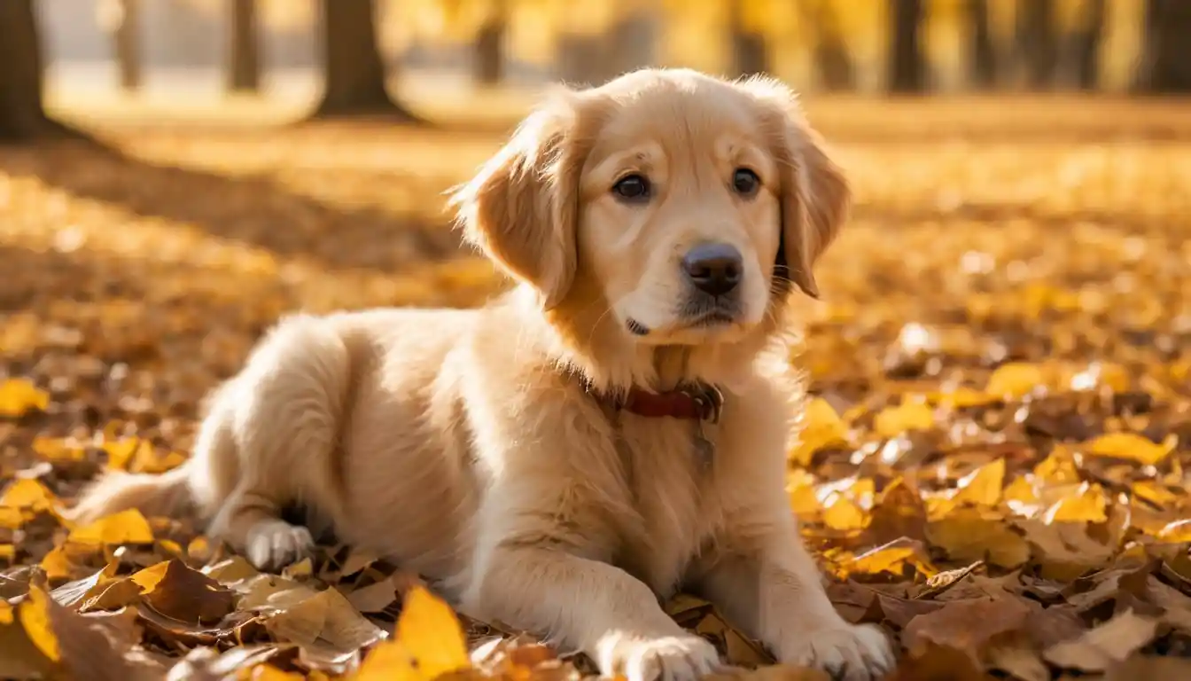Chiot golden retriever dans la douce lumière d’automne en forêt