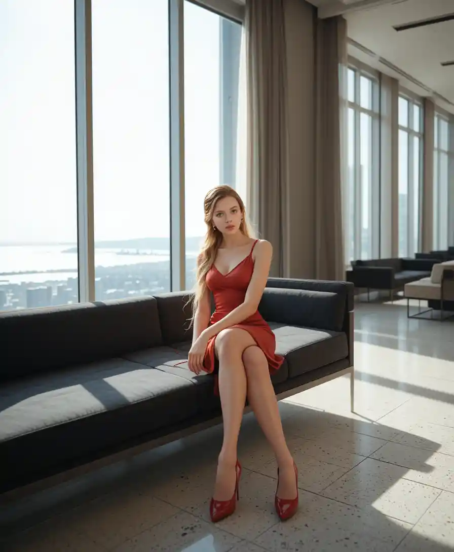Mulher elegante no sofá em apartamento ensolarado de alto padrão