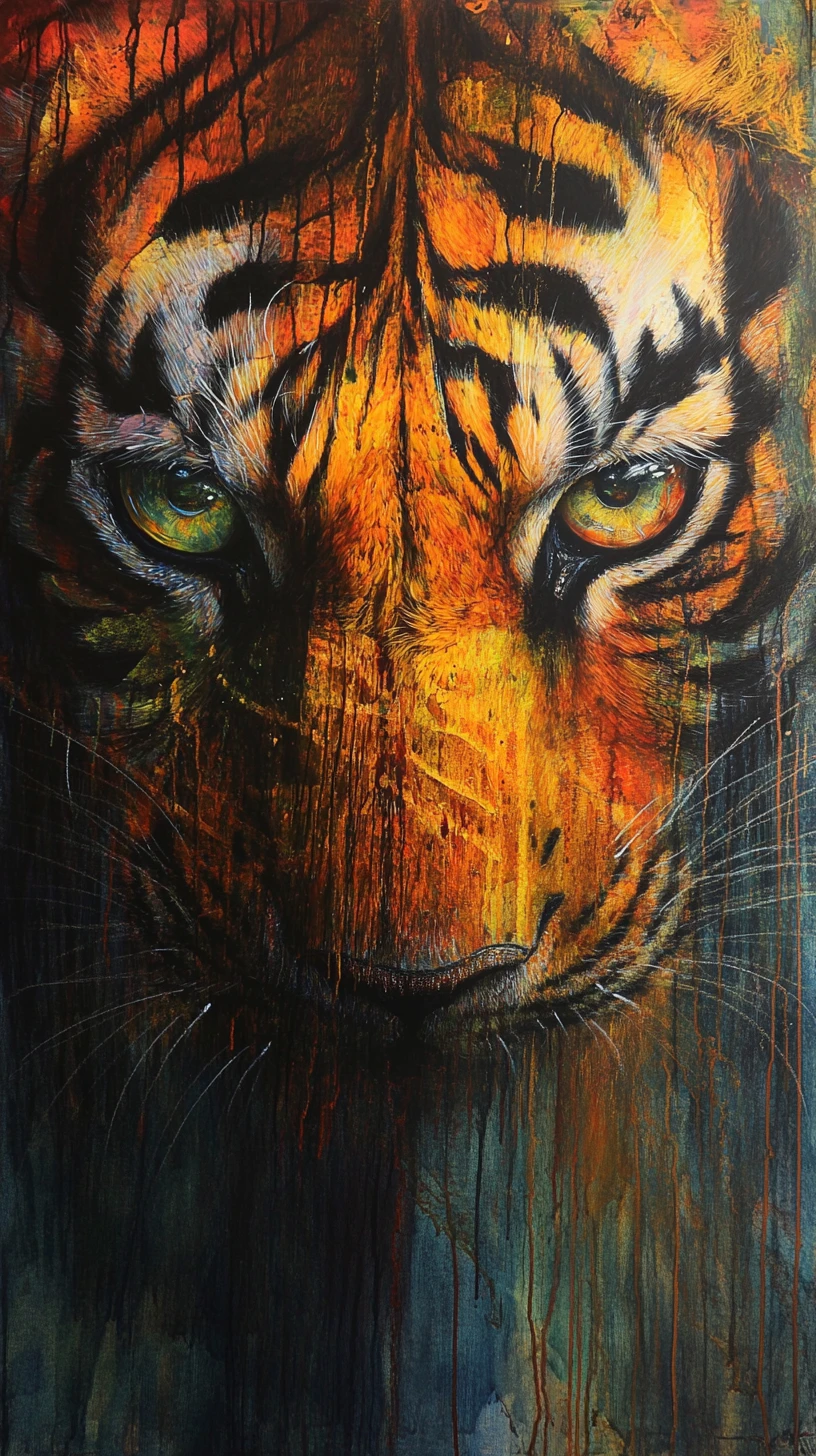 Abstract tiger eyes in bold colorful illusion painting