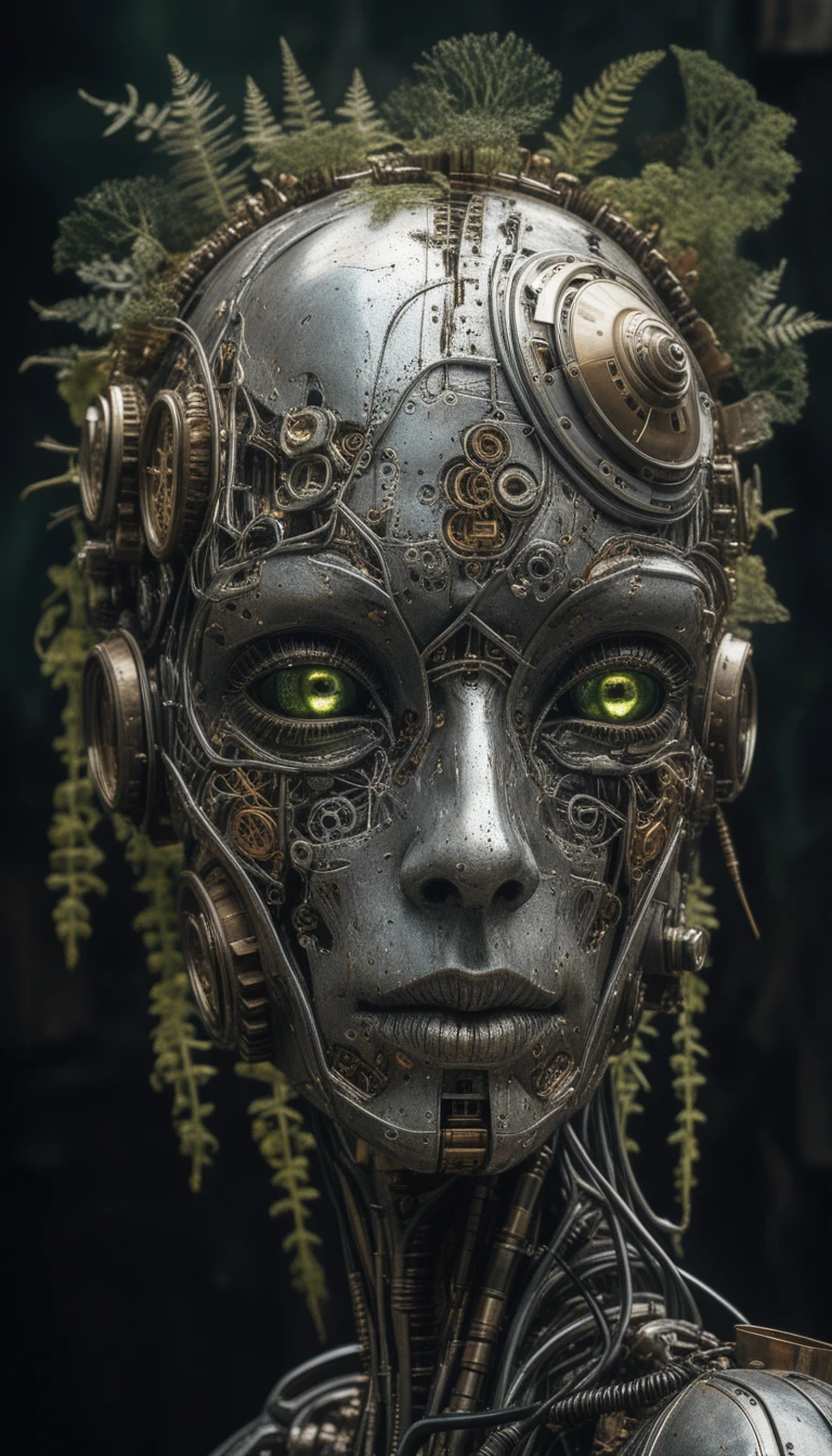 Cabeza de androide biomecánica surreal que fusiona naturaleza y maquinaria
