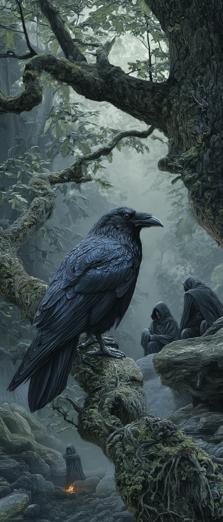 Cuervo negro sobre un árbol ancestral en un bosque oscuro