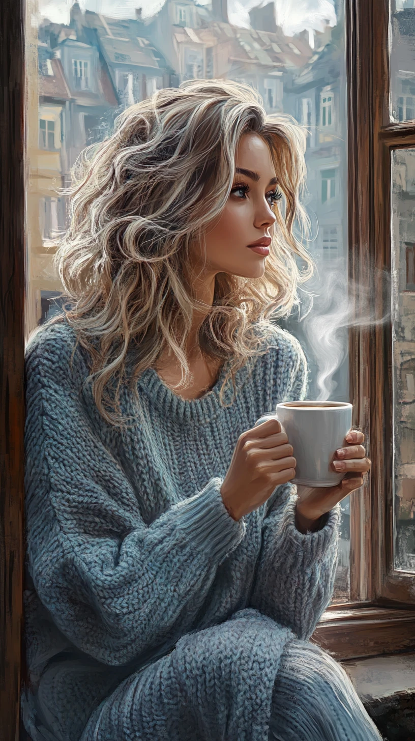 Woman with coffee sitting on a windowsill at dawn