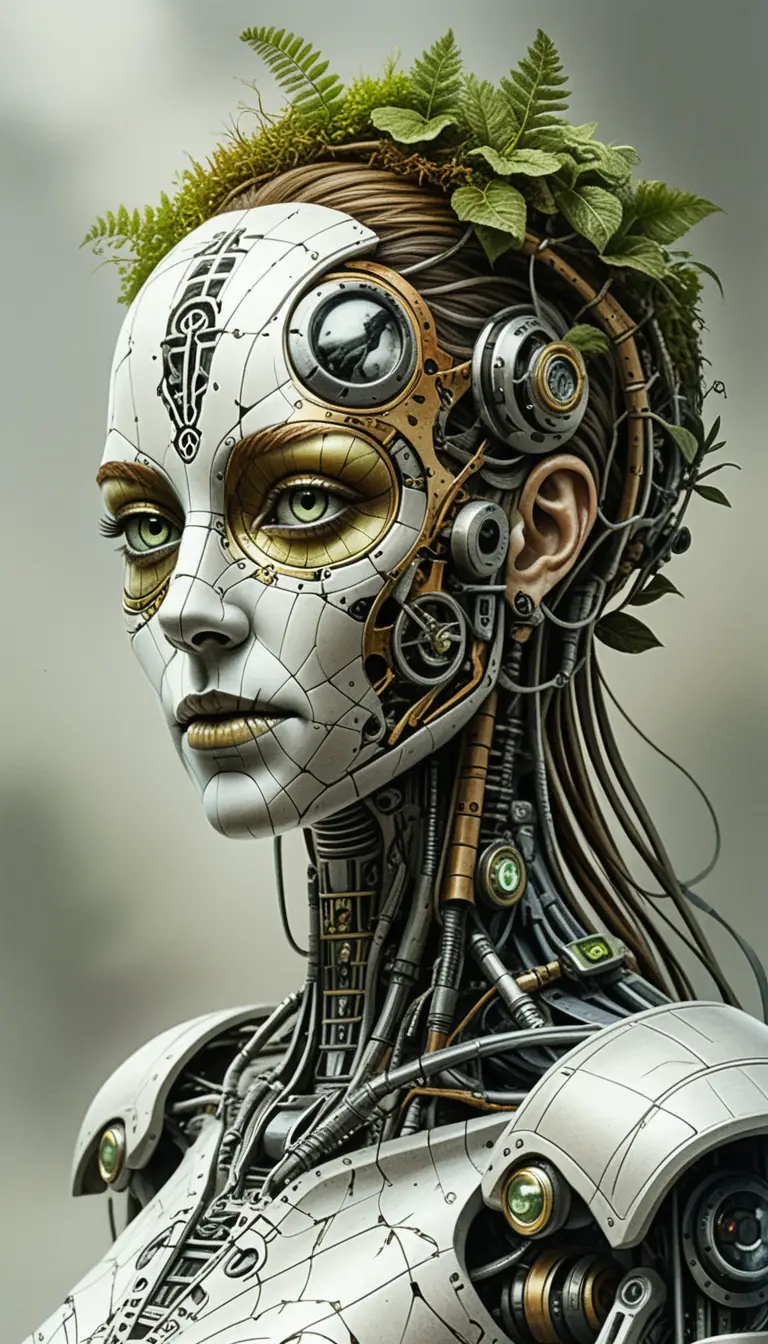 Surreal biomechanical android head merging forest and machine