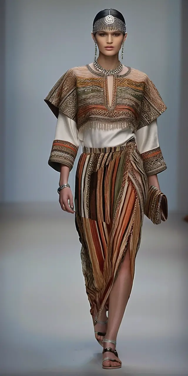 Runway model in ornate silver headpiece and striped cape ensemble