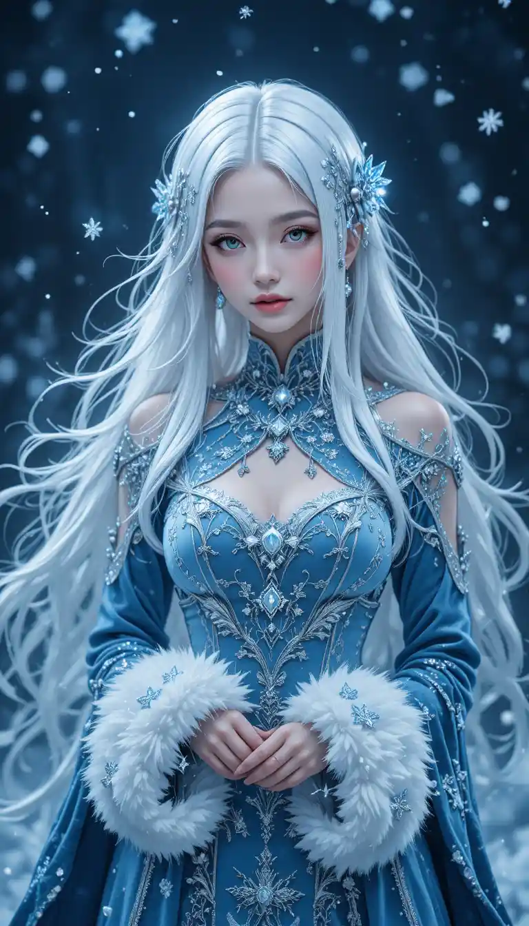 Elegant winter sorceress in swirling snow and icy blue coat