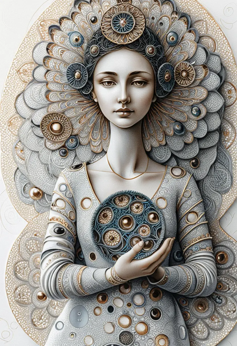 Figura femminile serena in rilievo di mandala ornato