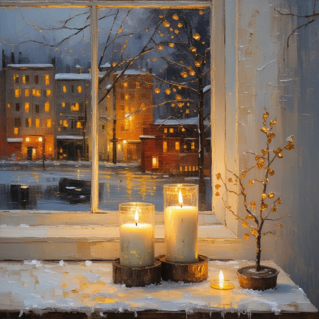 Acogedora mesa a la luz de las velas con vista invernal de la ciudad