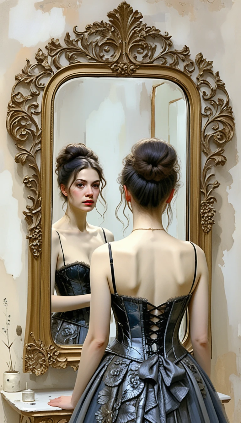 Slim woman in corset before ornate baroque mirror