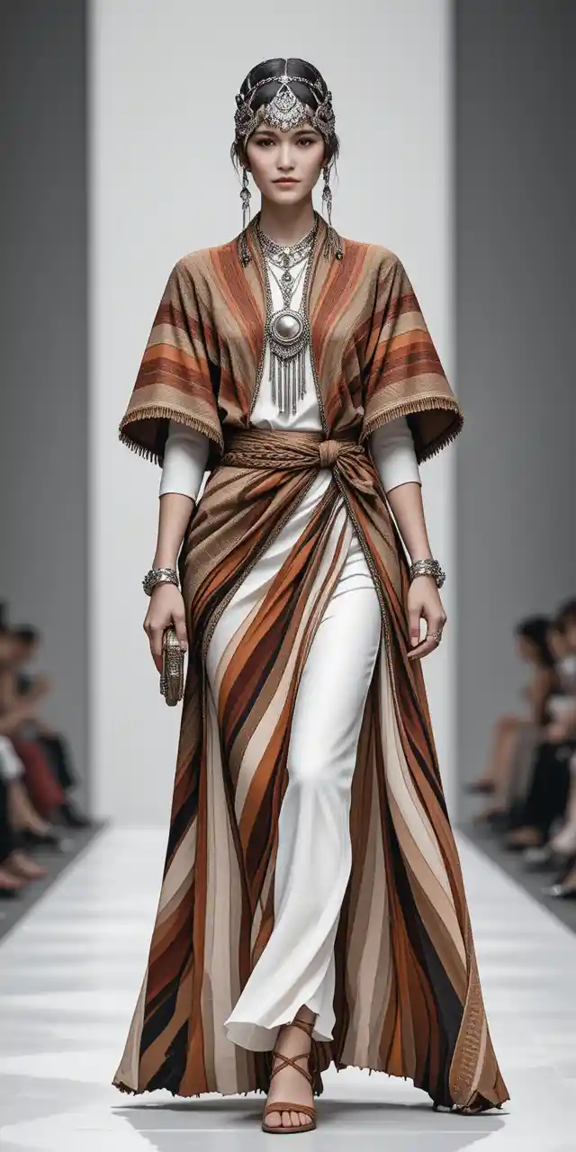 Runway model in ornate silver headpiece and striped cape