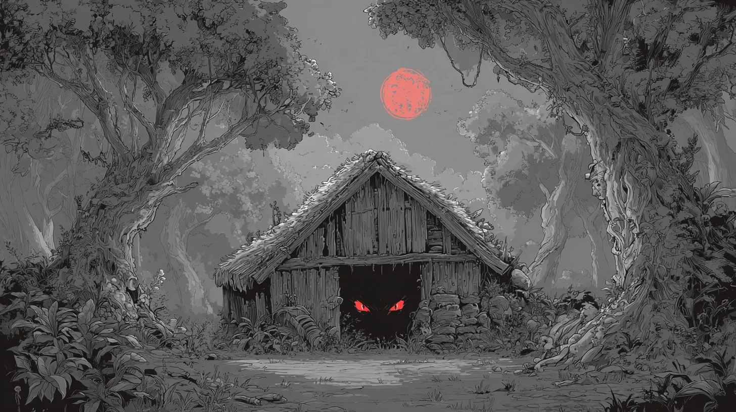 Bone shack under full moon in a dark forest